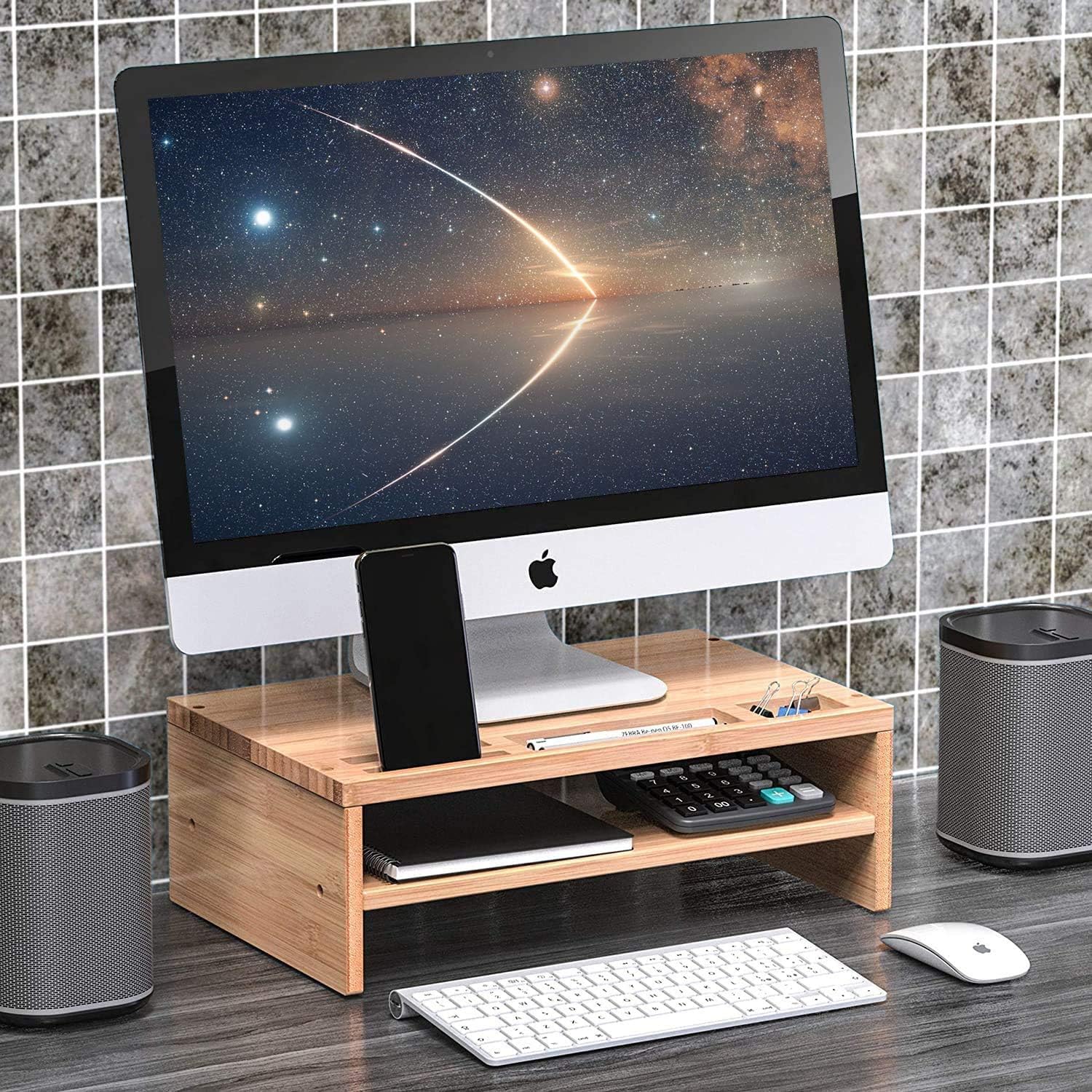 Well Weng Desk Monitor Riser Stand with Storage Organizer 2 Shelves for Computer, iMac, Printer, Laptop