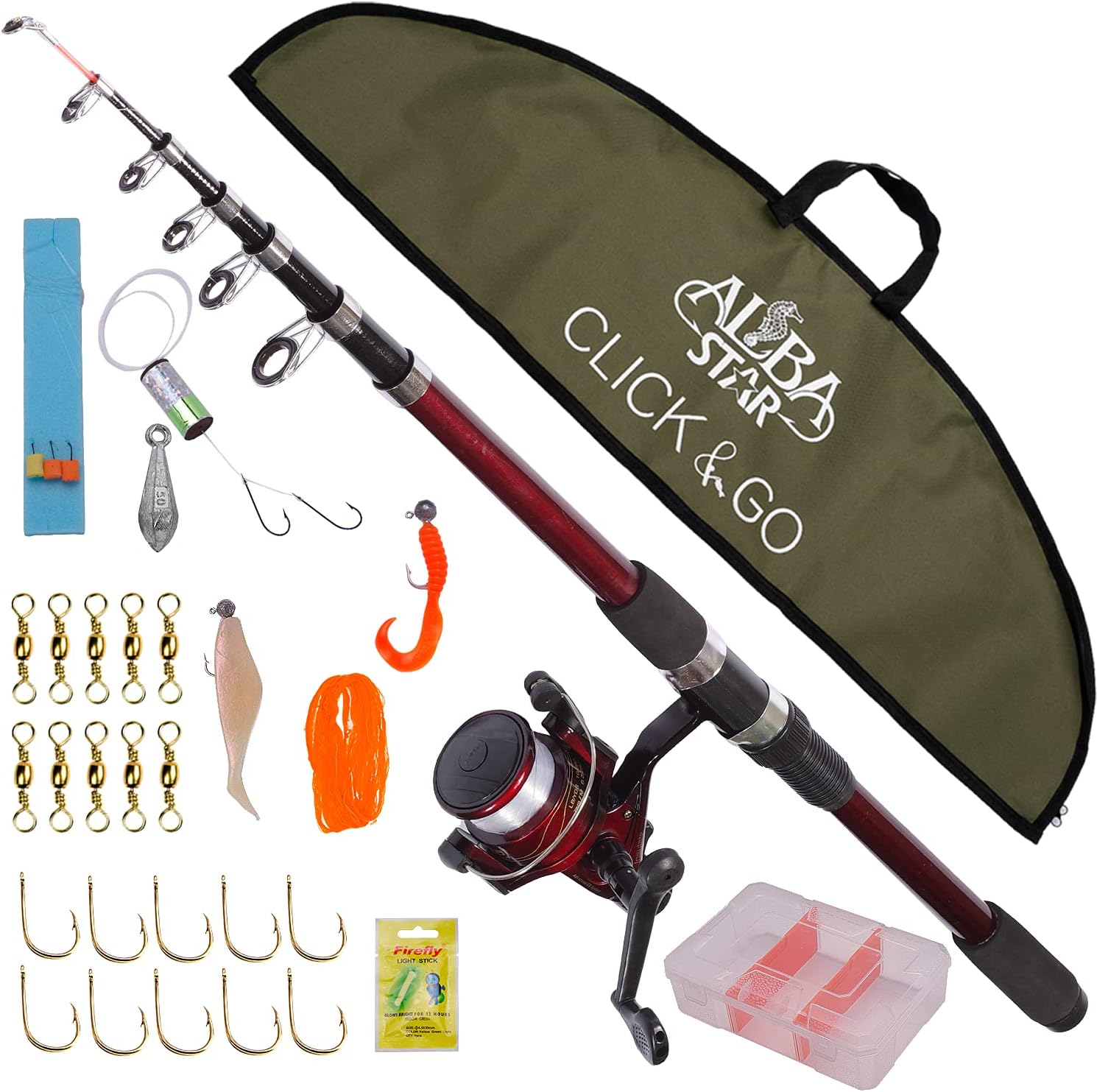 Alba Star Top European Professional Fishing Brand Set Reel and Fiber/Carbon Fiber Rod Combo with Large Carrier Bag and All Accessories You Need for Fishing. Perfect for Saltwater and Freshwater.