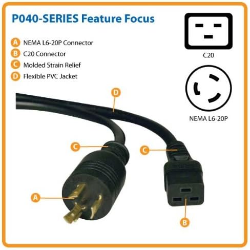 Tripp Lite Heavy-Duty Power Cord for PDU and UPS 20A, 12AWG (IEC-320-C19 to NEMA L6-20P) 14-ft.(P040-014) Pack of 2