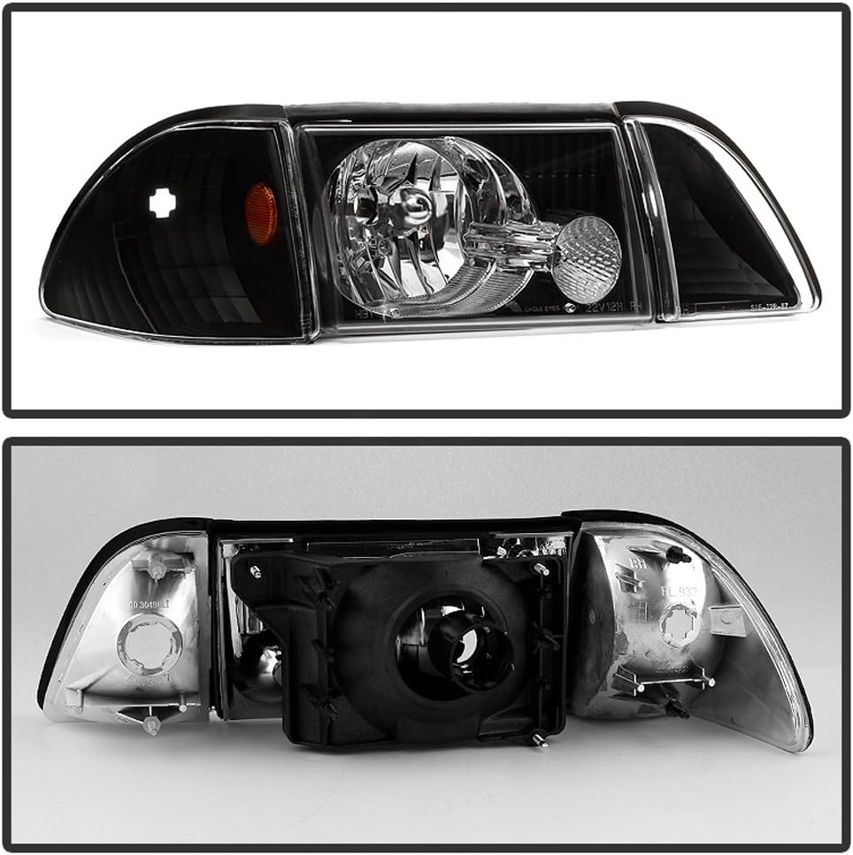 ACANII - For Black 1987-1993 Ford Mustang Headlights w/Corner Signal Lights Parking Lamps Set Driver + Passenger Side