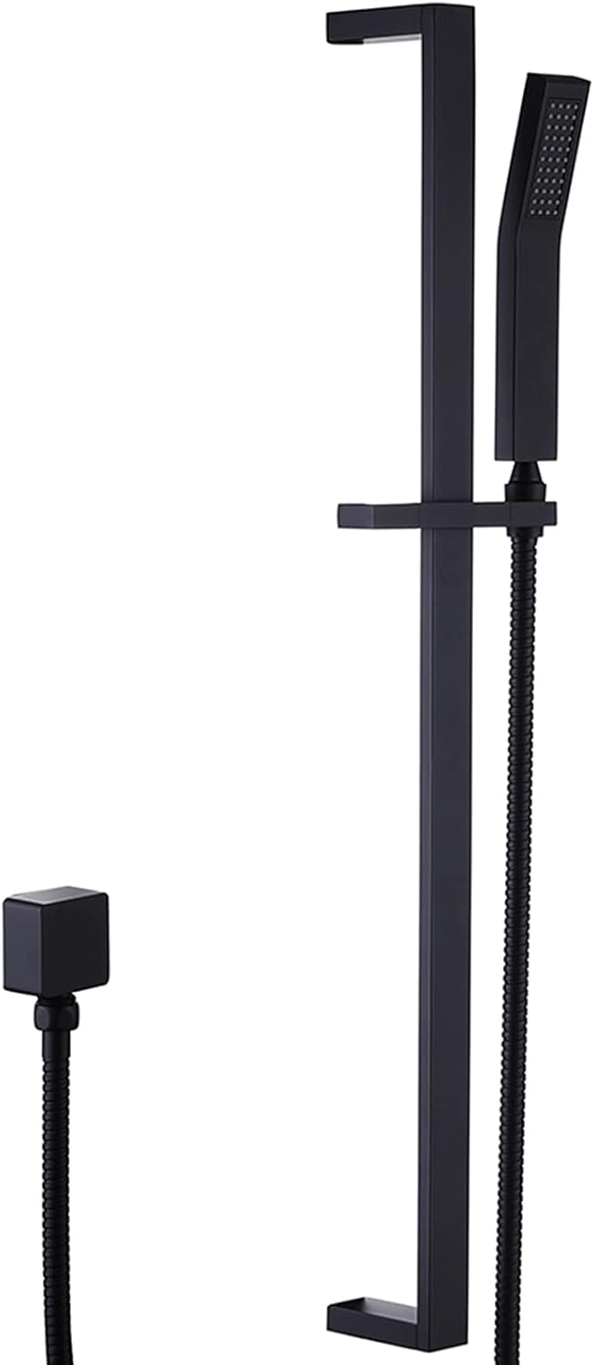 LANSEN Matte Black Shower Head with Slide Bar Combo Wall Mounted Copper Handheld Shower Kit with Hose Wall Mount Adjustable Holder Set, Square Wall Supply Elbow