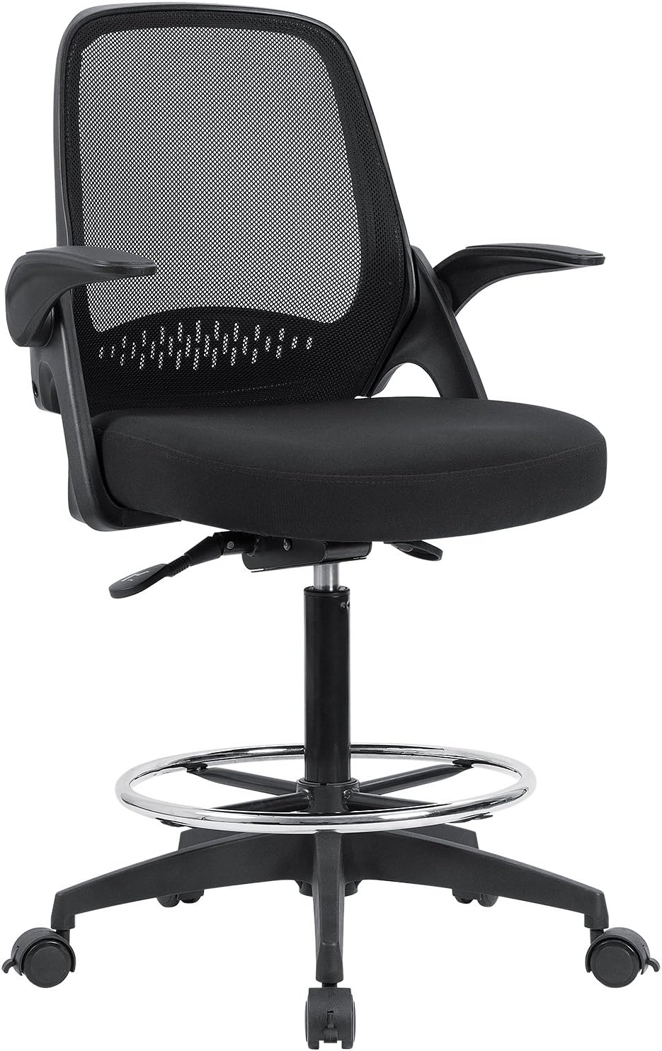 Devoko Drafting Chair Tall Office Chair with Flip-up Armrests Executive Computer Standing Desk Chair with Lockable Wheels and Adjustable Footrest Ring (Black)