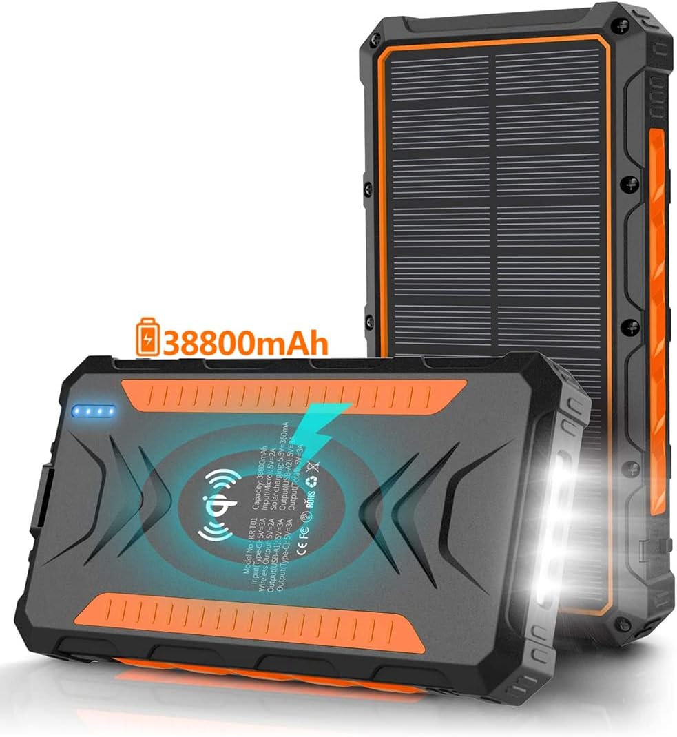 Solar Power Bank 38800mAh, Solar Charger,Portable Charger, Outputs 5V/3A High-Speed & 2 Inputs Huge Capacity Phone Charger for Smartphones, IP66 Rating, Strong Light LED Flashlights(Orange)