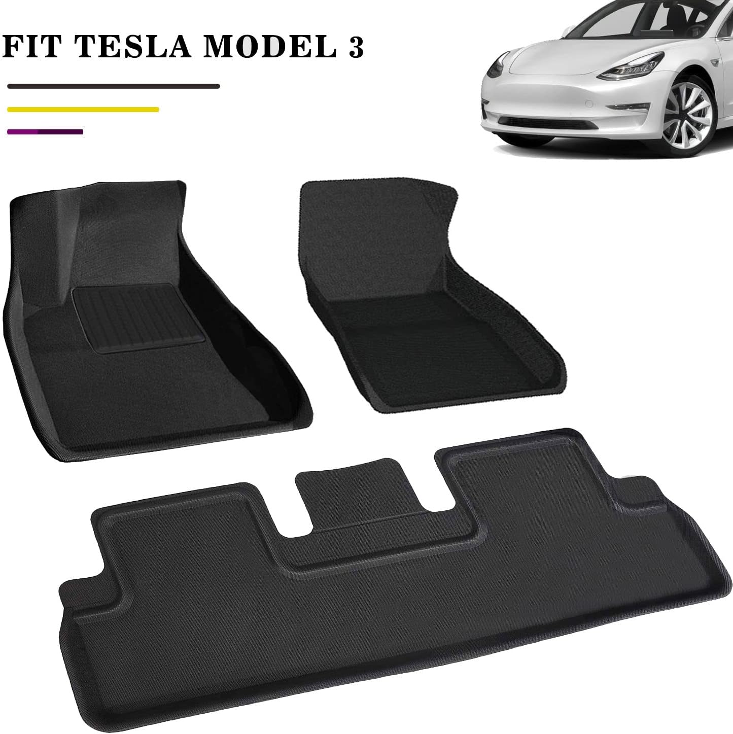 #1 Cargo Liners TPR Custom Fit for Tesla Model 3 2020-2022 Front and Rear Trunk Mats Full Black Rubber Waterproof All Weather Heavy Duty Odorless (Set of 3 Mats 2021-2022)