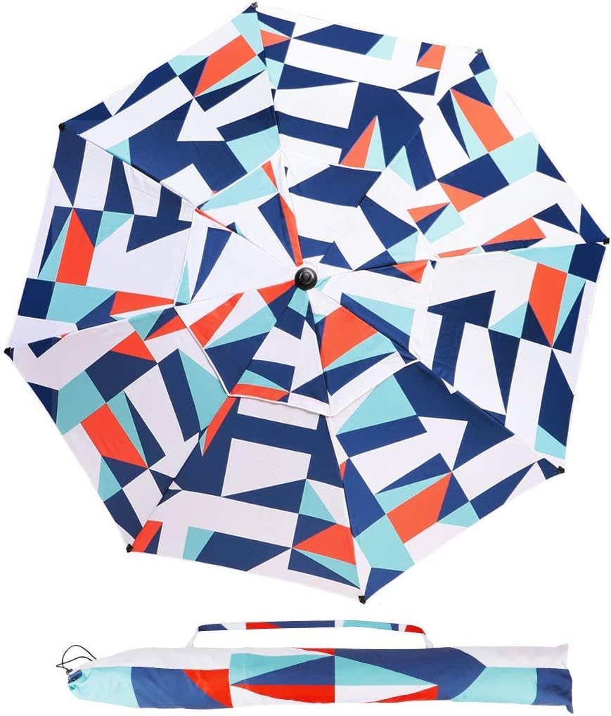 Beach Umbrella, TOTEBOX 7.5ft Portable Patio Sunshade Umbrella UPF 50+ Protection with Tilt Sand Anchor Carry Bag and Sand Bag for Yard and Pool