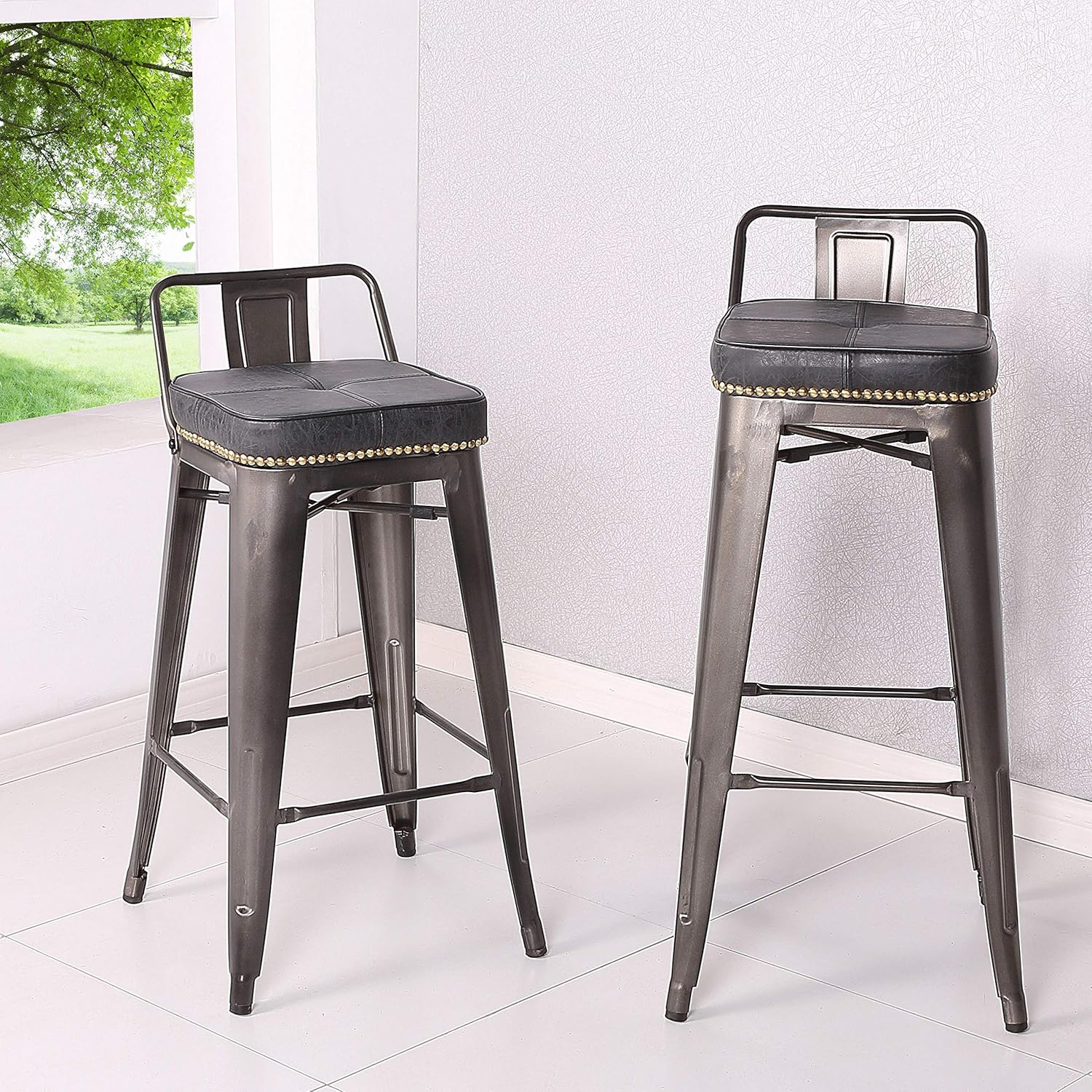 New Pacific Direct Metropolis PU Leather Low Back Bar, Set of 4 Bar & Counter Stools, Vintage Mist Gray
