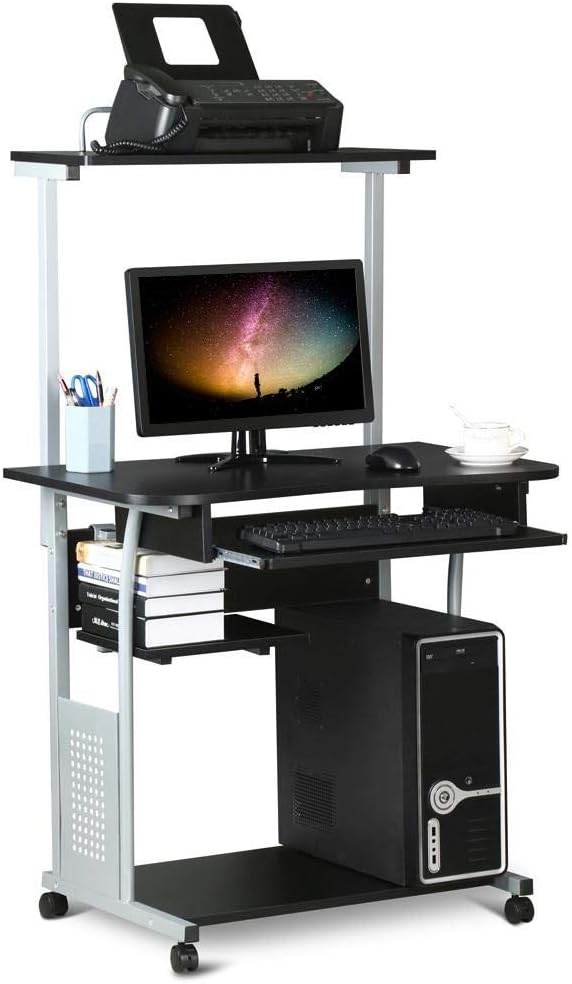 Topeakmart 2 Tier Computer Desk with Printer Shelf and Keyboard Tray, Home Office Desk Computer Workstation Rolling Study PC Laptop Table for Small Spaces Black