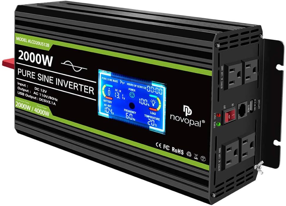 Novopal 2000 Watt Pure Sine Wave Power Inverter 12V DC to 110V/120V AC Converter- 4 AC Outlets Car Inverter with 1 USB Port-Remote Control and LCD Display Dual Cooling Fans Inverter