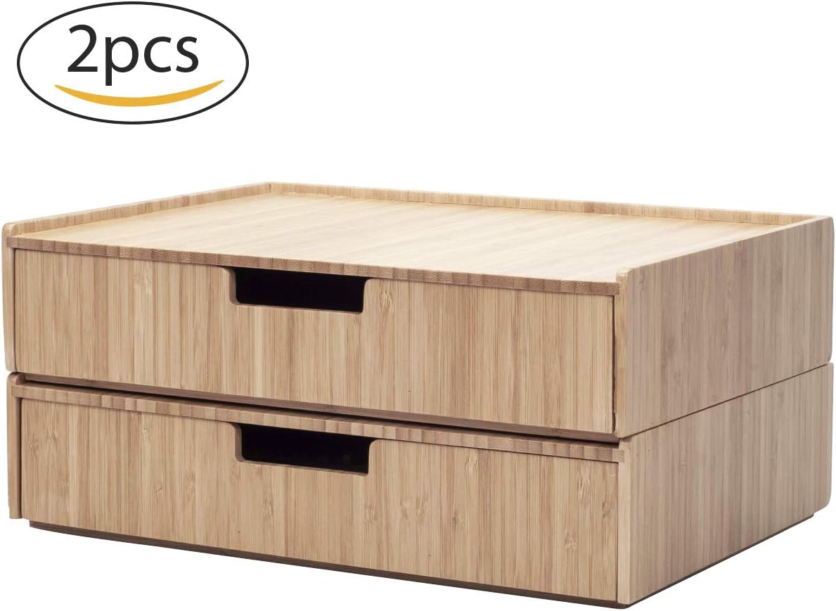 Large Bamboo Drawer 2 PK, Monitor Stand & Stackable Storage Solution for office products pens, pencils, scissors, notepads, business cards and more Pack of 2