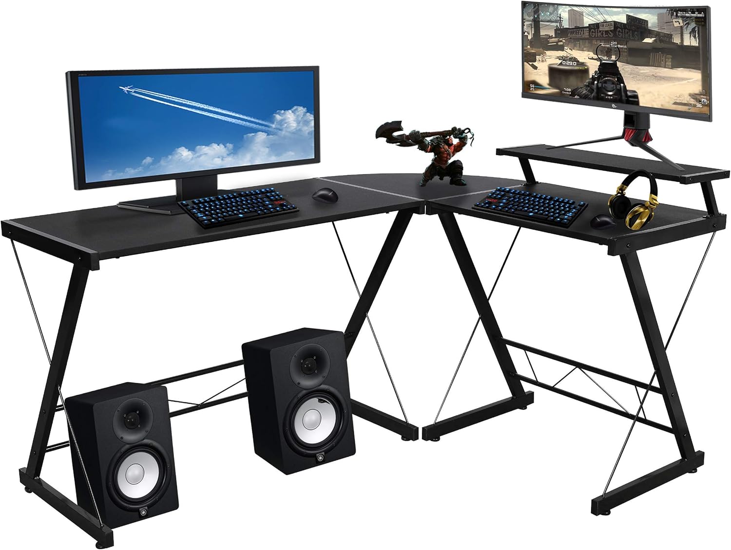 Halter L Shaped Gaming Desk, Modern Corner Desk for Small Space Home Office, Corner Computer Desk for Writing Study Work, L Desk Table with Monitor Stand Riser, Brown, 59 Inches Pack of 2