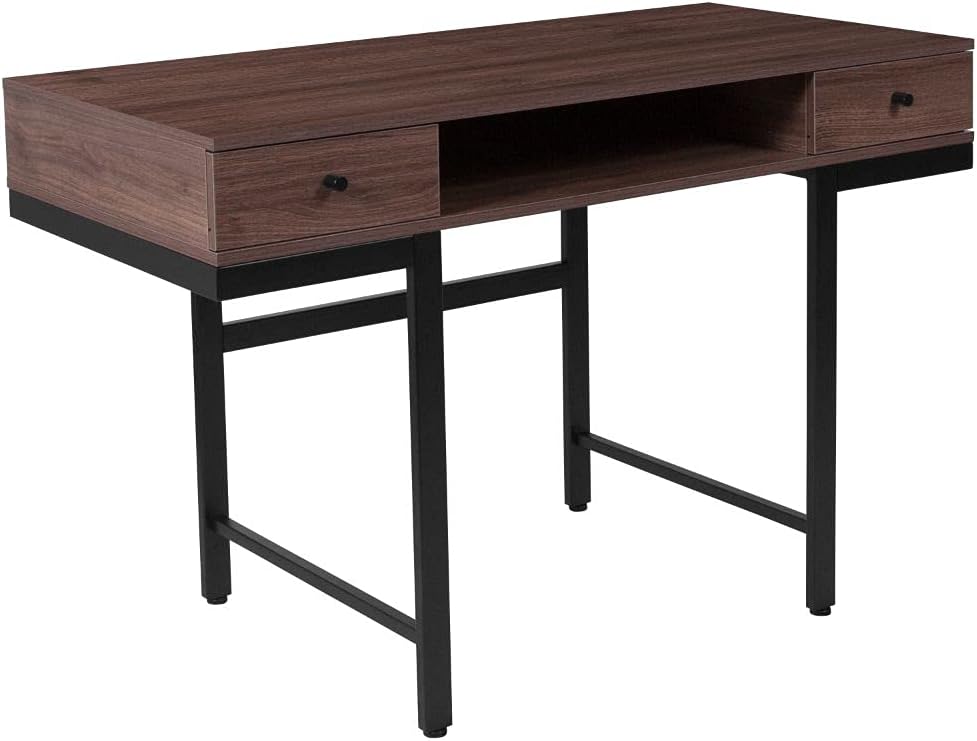 Flash Furniture Bartlett Dark Ash Wood Grain Finish Computer Desk with Drawers and Black Metal Legs