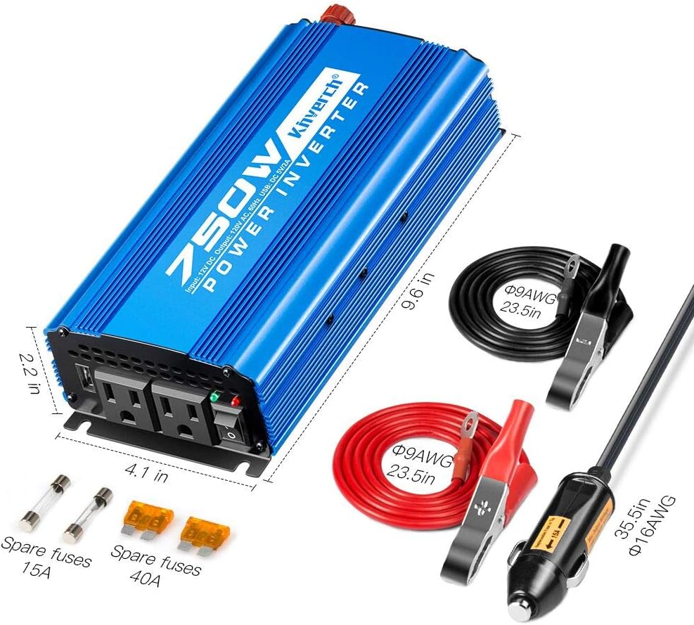 Kinverch 750W Continuous/1500W Peak Power Inverter DC 12V to 110V Car Converter AC with 2 AC Outlets and 2A USB Charging Port Pack of 2
