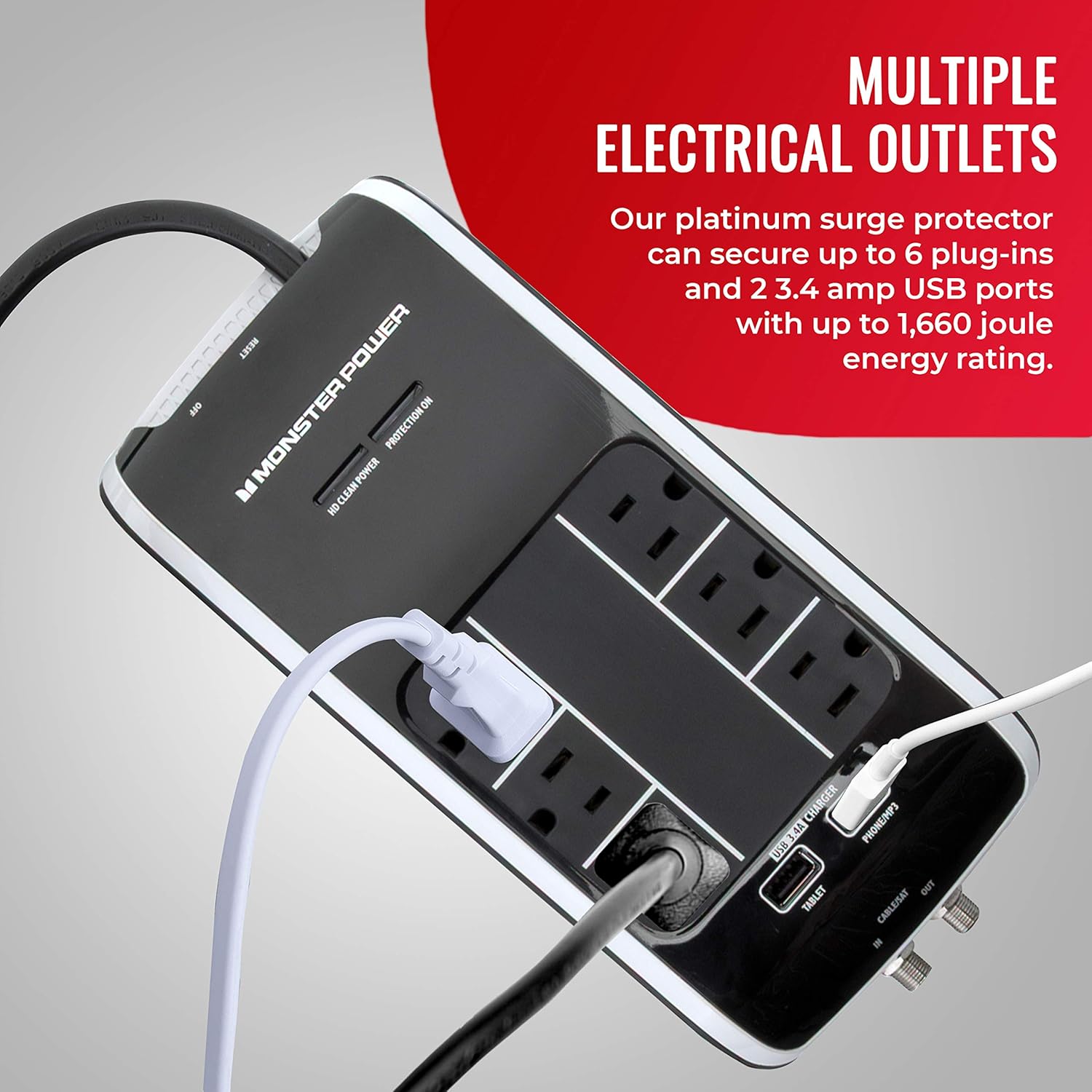Monster Power Surge Protector 6-Outlet Power Strip, Platinum 600 HT Pack of 2