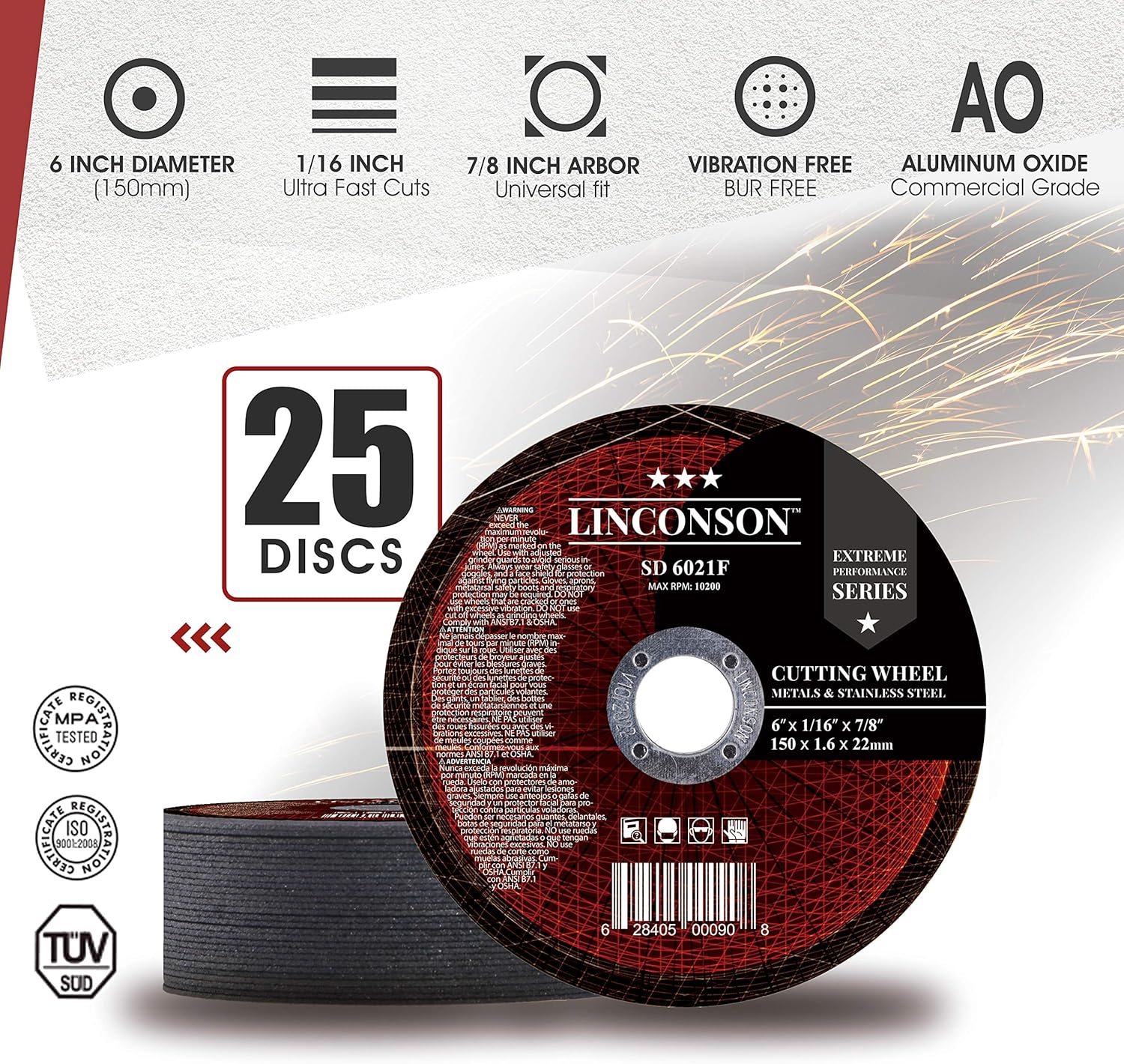 LINCONSON 25 PACK 6 Inch Cut Off Wheel for Metal & Stainless Steel Used On Angle Grinder 6&rdquo;x1/16&rdquo;x7/8