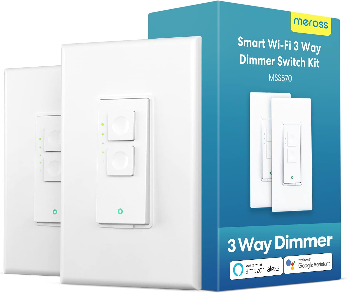 Smart 3 Way Dimmer Light Switch Kit, Meross WiFi Dimmer Switch for Dimmable LED Light, Halogen and Incandescent Bulb, Support Alexa, Google Assistant and SmartThings, Remote and Voice Control Pack of 2