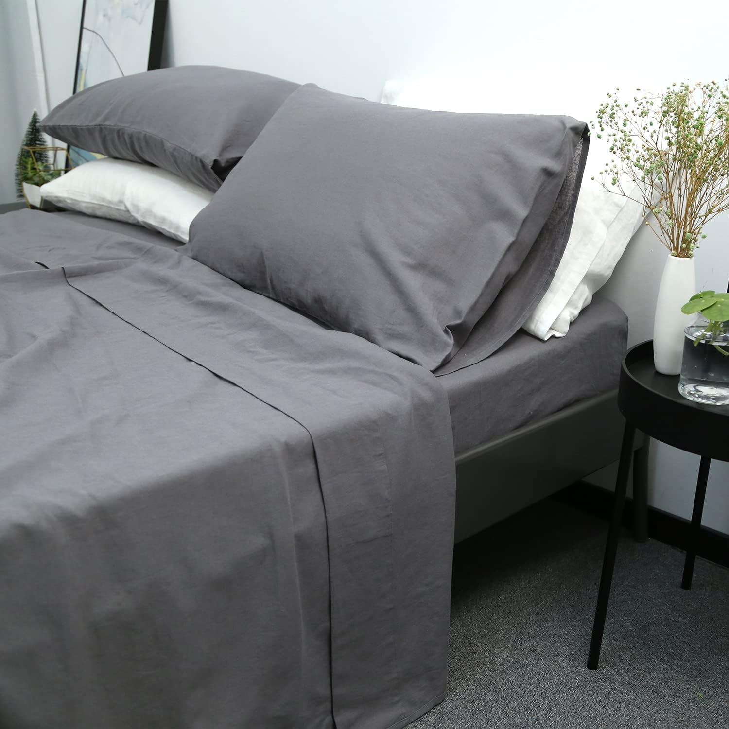 Ghui Cotton Linen Blend Sheets Set Queen ,55% French Linen 45% Long-Staple Cotton 4 Pieces ,Breathable and Durable Bedding Set,Washed French Linen Sheet,Grey Pack of 2