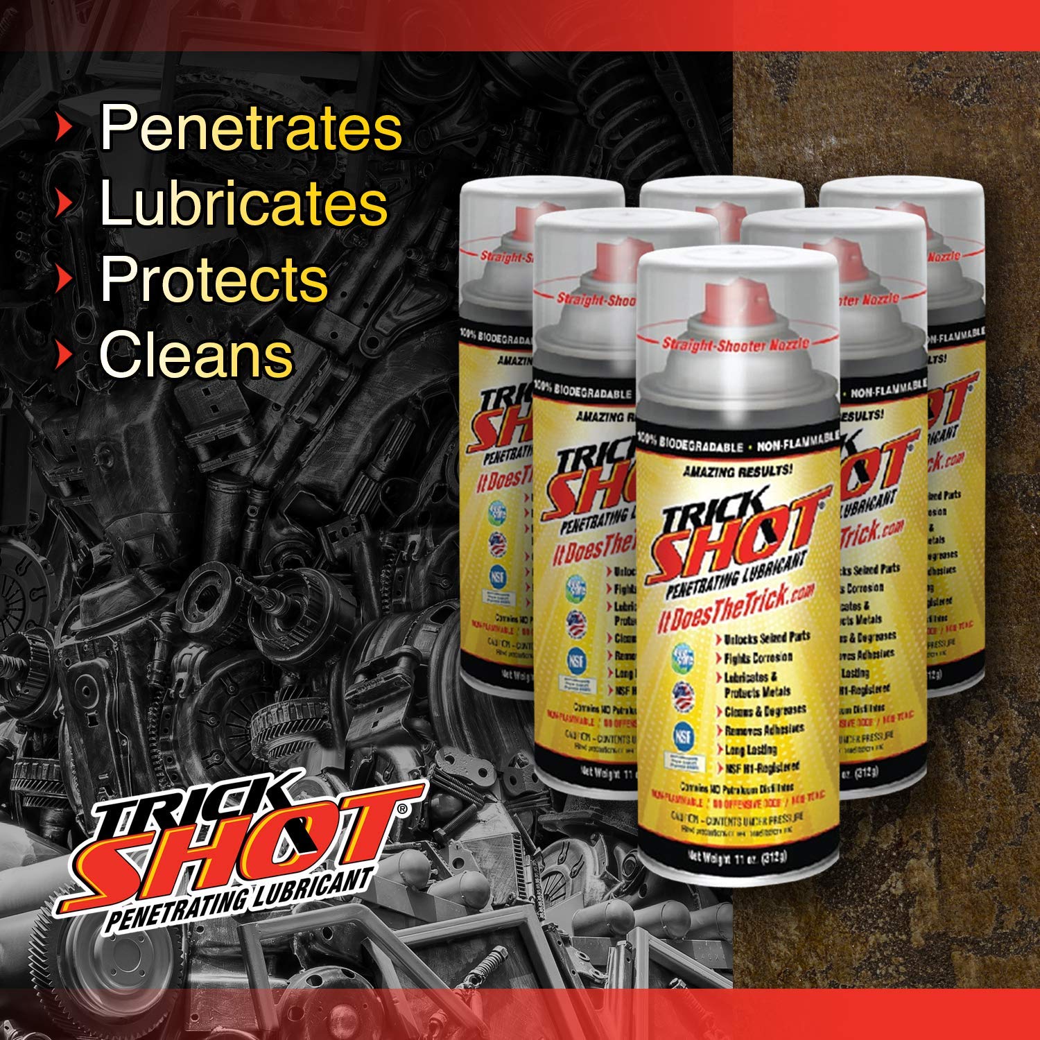 Trick Shot Penetrating Lubricant | Non-Toxic, Eco-Friendly Penetrating Oil with Straight-Shooter Nozzle | Industrial Strength Rust Penetrating Spray Lubricates, Protects & Cleans | 11-Ounces (6 Pack)