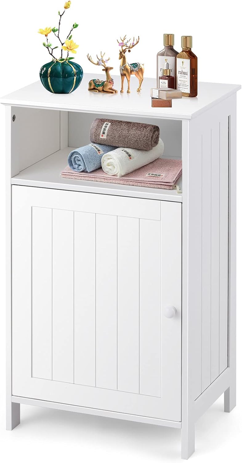 Tangkula Bathroom Floor Storage Cabinet, Freestanding Wooden Single Door Side Cabinet with Adjustable Shelf, Home Storage Organizer for Hallway Living Room Bathroom Bedroom (White) Pack of 2