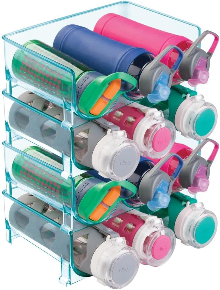 mDesign Modern Plastic Stackable Vertical Standing Water Bottle Holder Stand - Storage Organizer for Kitchen Countertops, Pantry, Fridge - Each Rack Holds 3 Containers, 4 Pack - Sea Blue