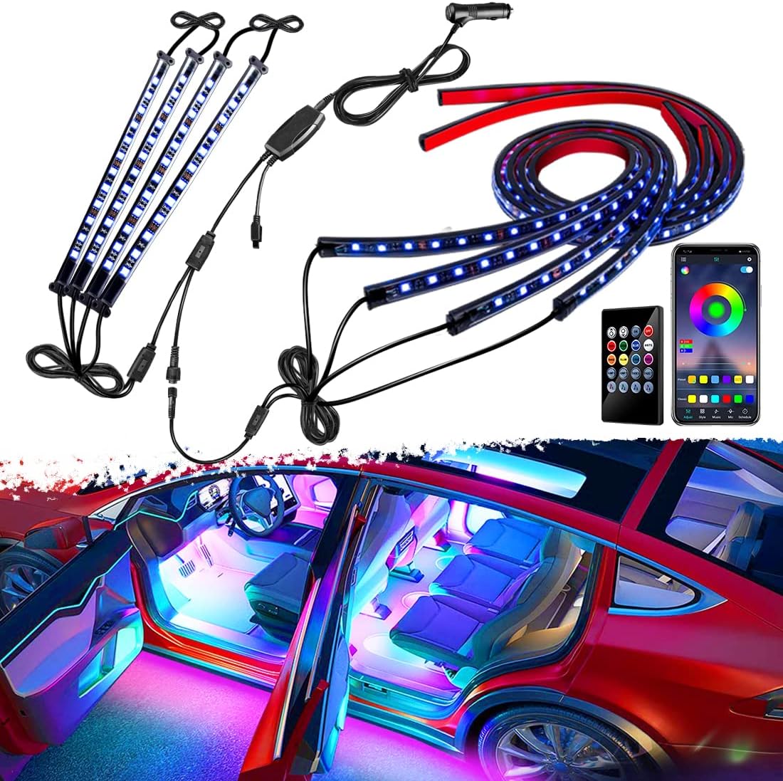 LEDKITO Car LED Underglow Lights Kit for Car Exterior and Interior Car Strip Lights 4PCS+4PCS Underbody Neon Accent Lights with APP Bluetooth Wireless Remote Control DC12V 16Million RGB Multi Colors