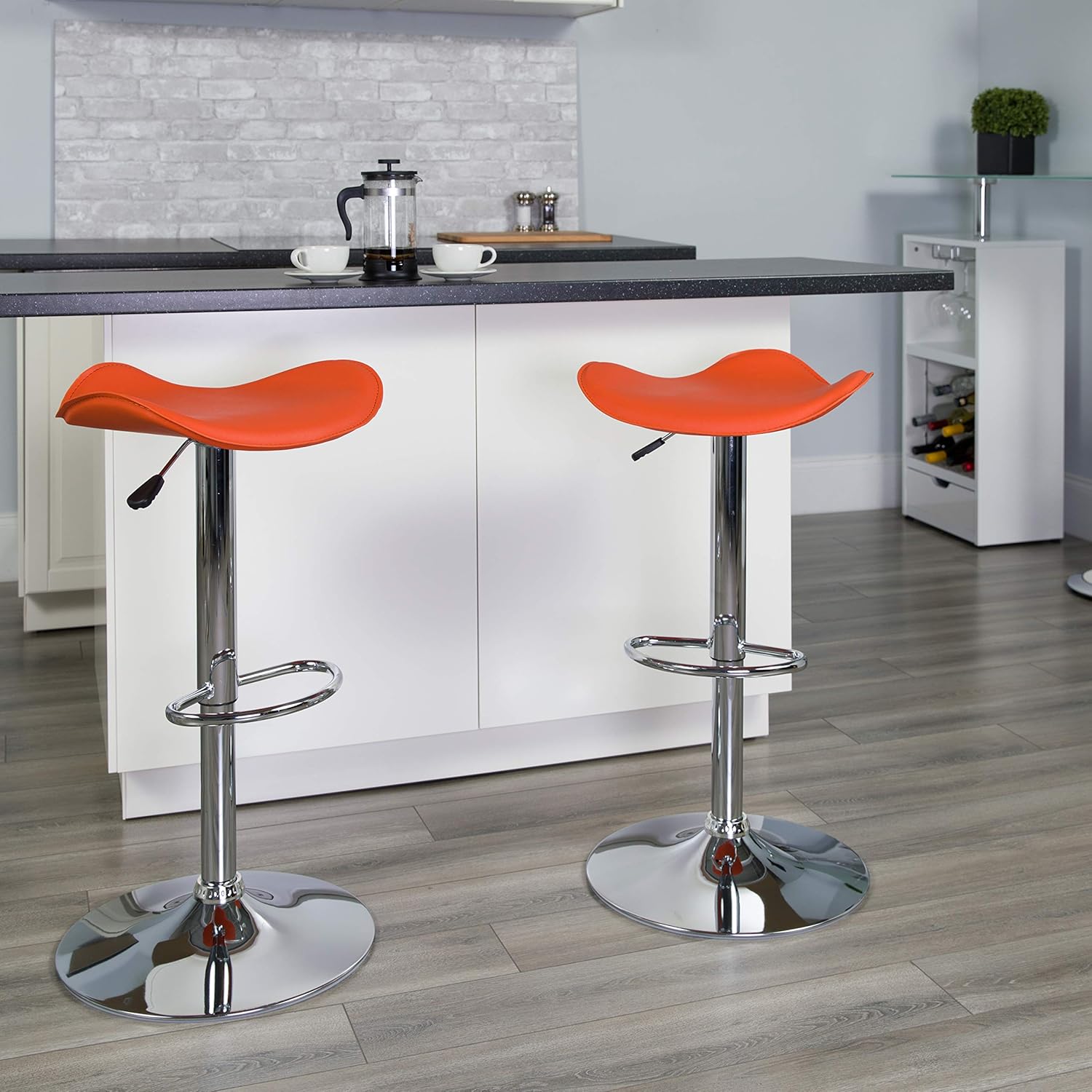 EMMA + OLIVER Orange Vinyl Adjustable Height Barstool with Wavy Seat Pack of 2