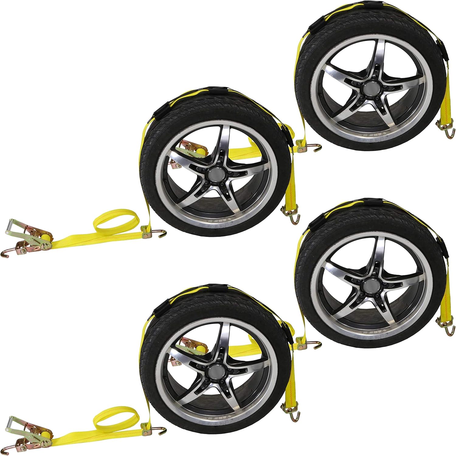 US Cargo Control Wheel Strap with Swivel Hooks and Fixed Rubber Blocks - 2-Inch Wide Over The Tire Strap to Secure Vehicle for Transport - 2,200 Pound Working Load Limit - 4 Pack