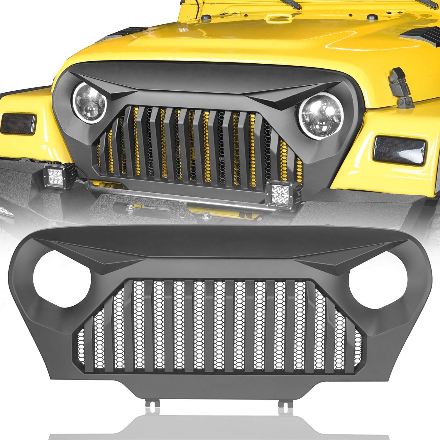 Hooke Road Wrangler TJ Grill Cover Front Vader Grille w/Mesh Inserts Compatible with Jeep Wrangler TJ LJ 1997-2006 (Angry Bird Matte Black)