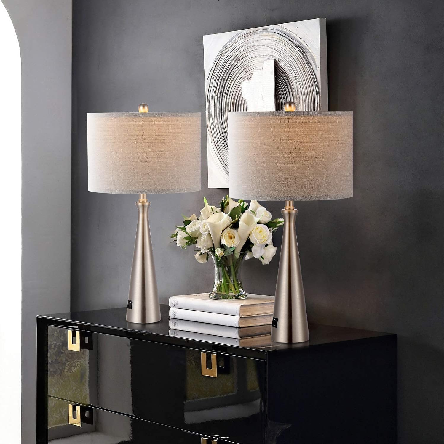 WINGBO 2 Pack Modern Table Lamp with Double USB Port, Bulb Included, 23.8