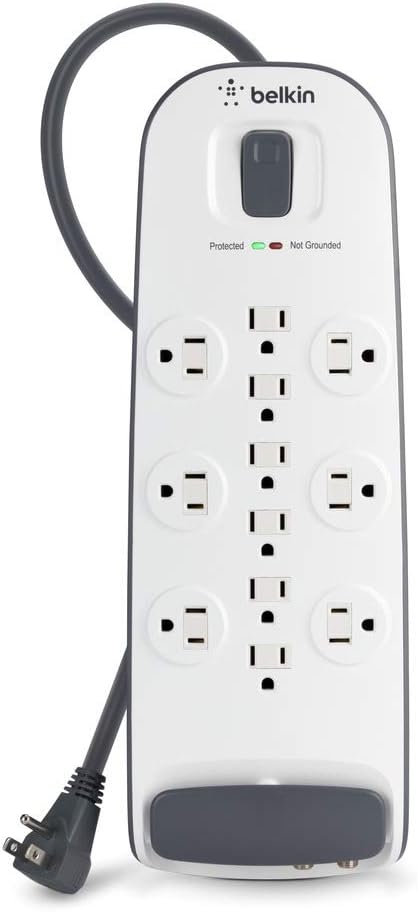 Belkin Power Strip Surge Protector - 12 AC Multiple Outlets, Ethernet & Cable Protection - 8 ft Long Extension Cord for Home, Office, Travel, Computer Desktop & Charging Brick - 4000 Joules, White