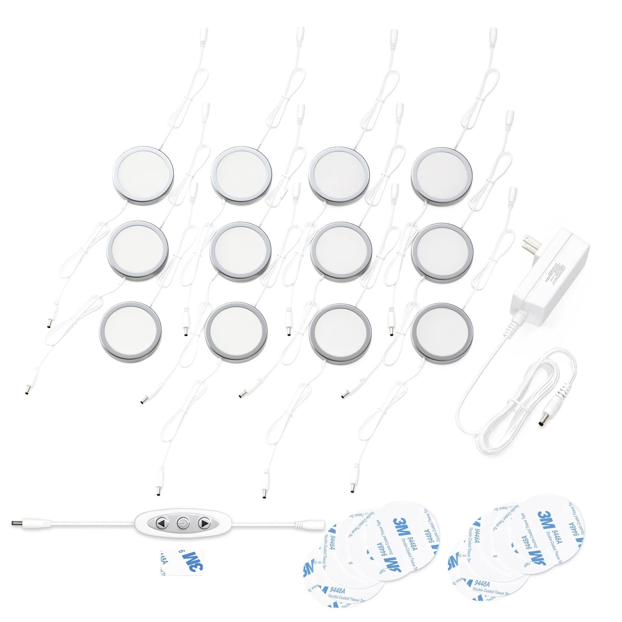EShine Under Cabinet Puck Lights with Dimmer Switch &ndash; Circular 60mm LED Cabinet Lights &ndash; Dimmable &ndash; Pack of 12, Cool White (6000