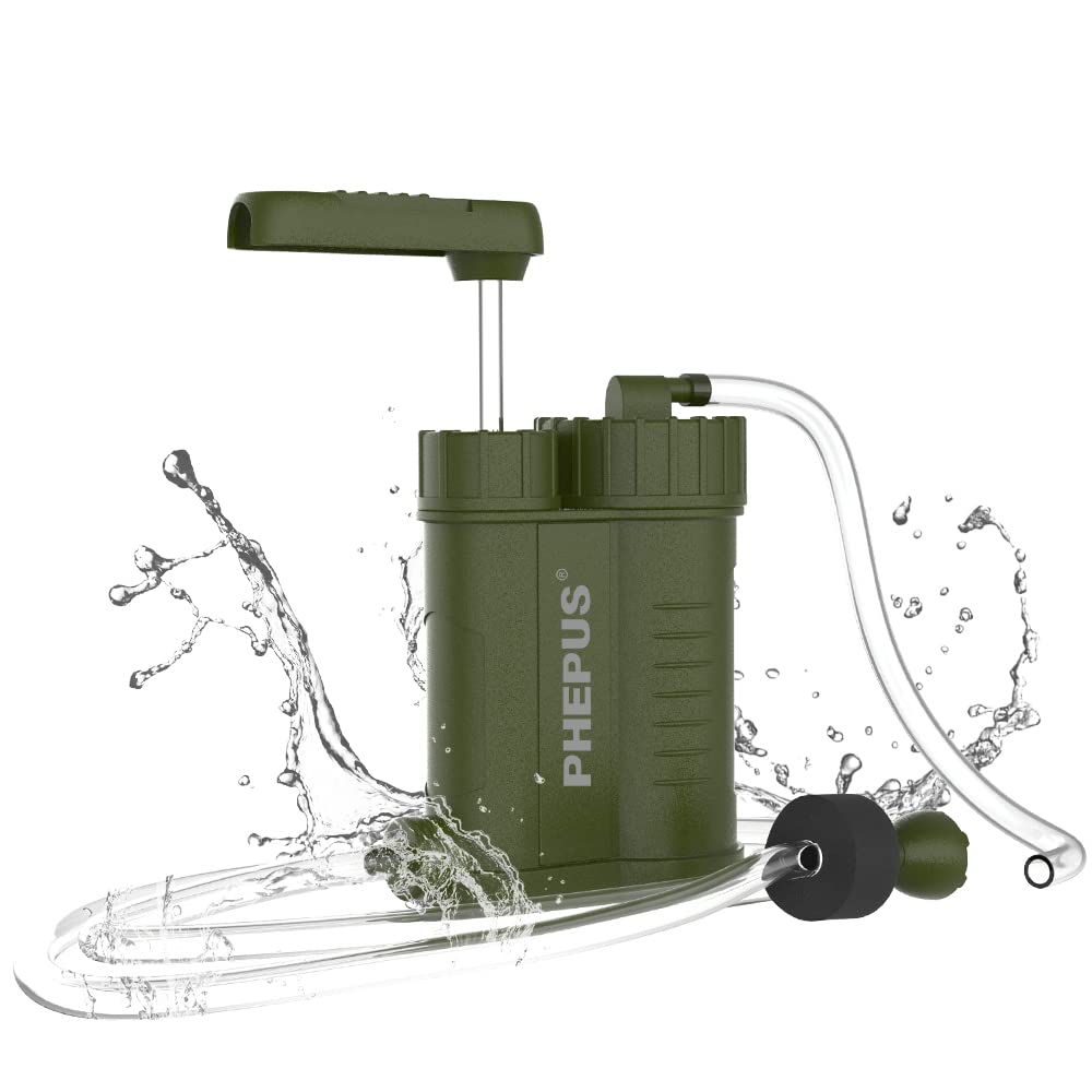 PHEPUS Hand Pump Water Filter, for Hiking Camping Backpacking Travel Outdoor Hunting Fishing Team Family Outing, Portable Emergency Use Survival Gear