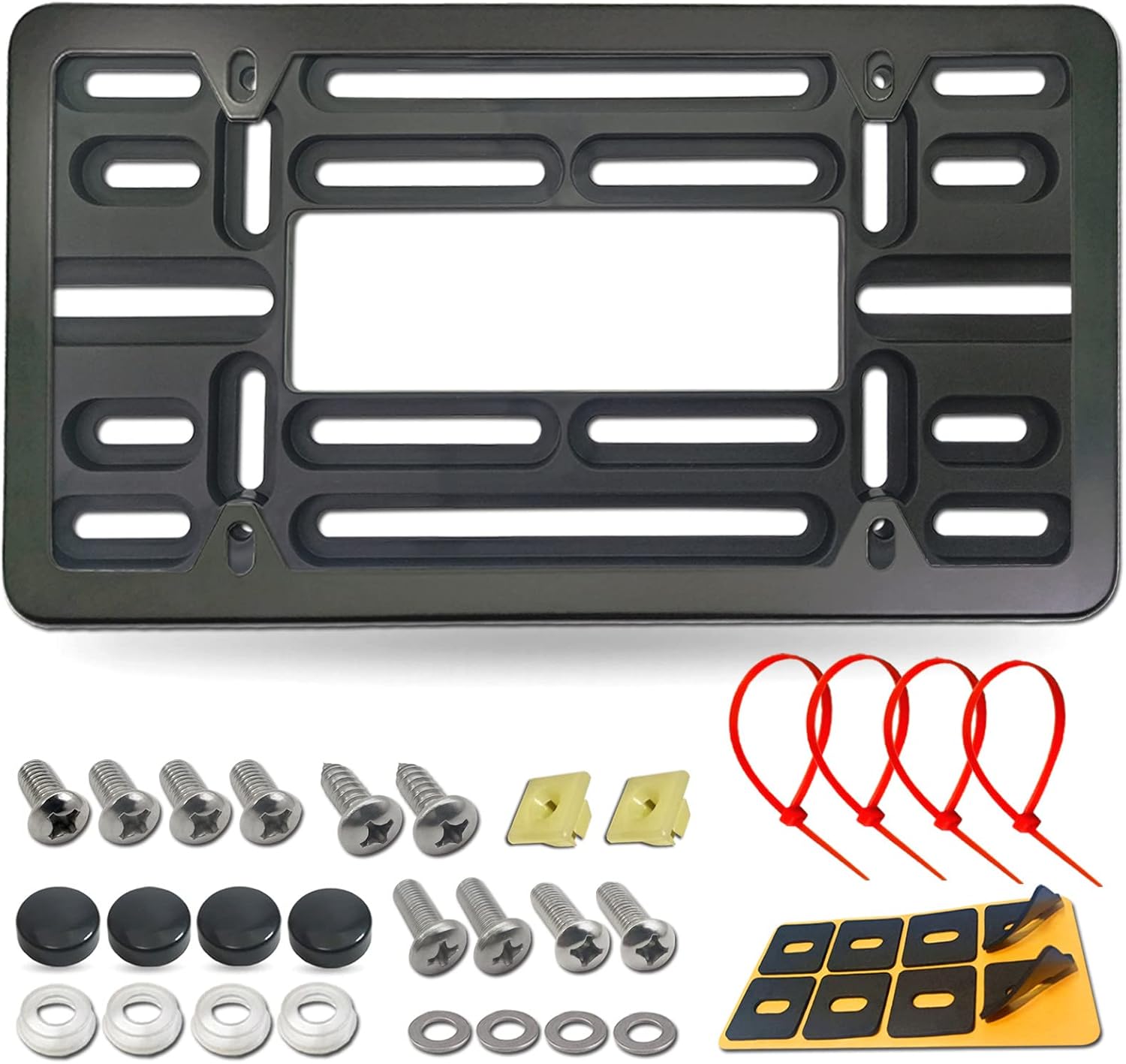 Front License Plate Mounting Kit- Universal Front Bumper License Plate Bracket Holder and Carbon Fiber Car Tag Frame, 2 Drill Hole Relocator Adapter with Stainless Steel Lock Screws, Cap Covers