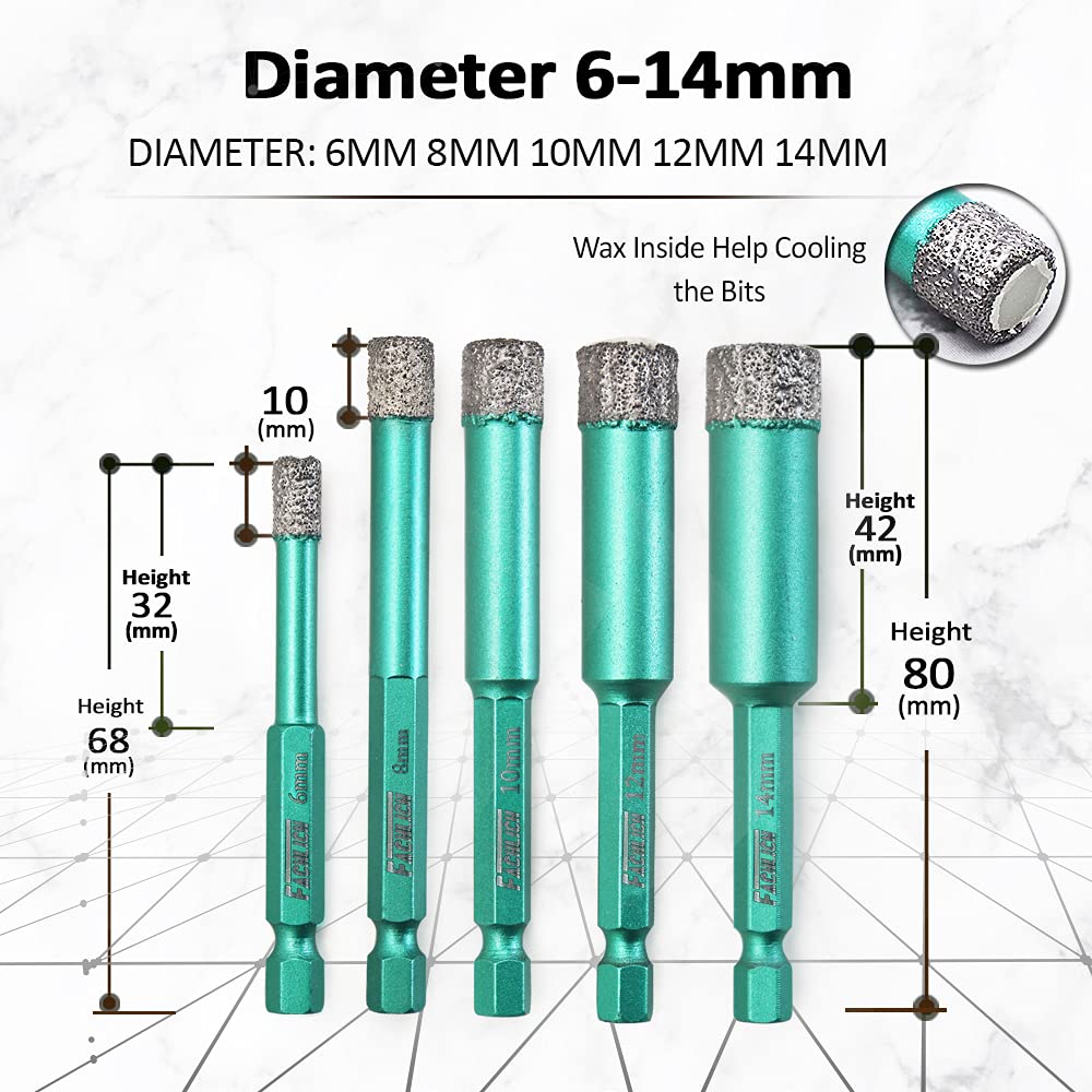FACHLICH Dry Diamond Drill Bit Set,6/6/8/10/12mm Granite Bit Tile Drill Bits with Quick Change Hex Shank for Granite Marble Tile Porcelain Ceramic