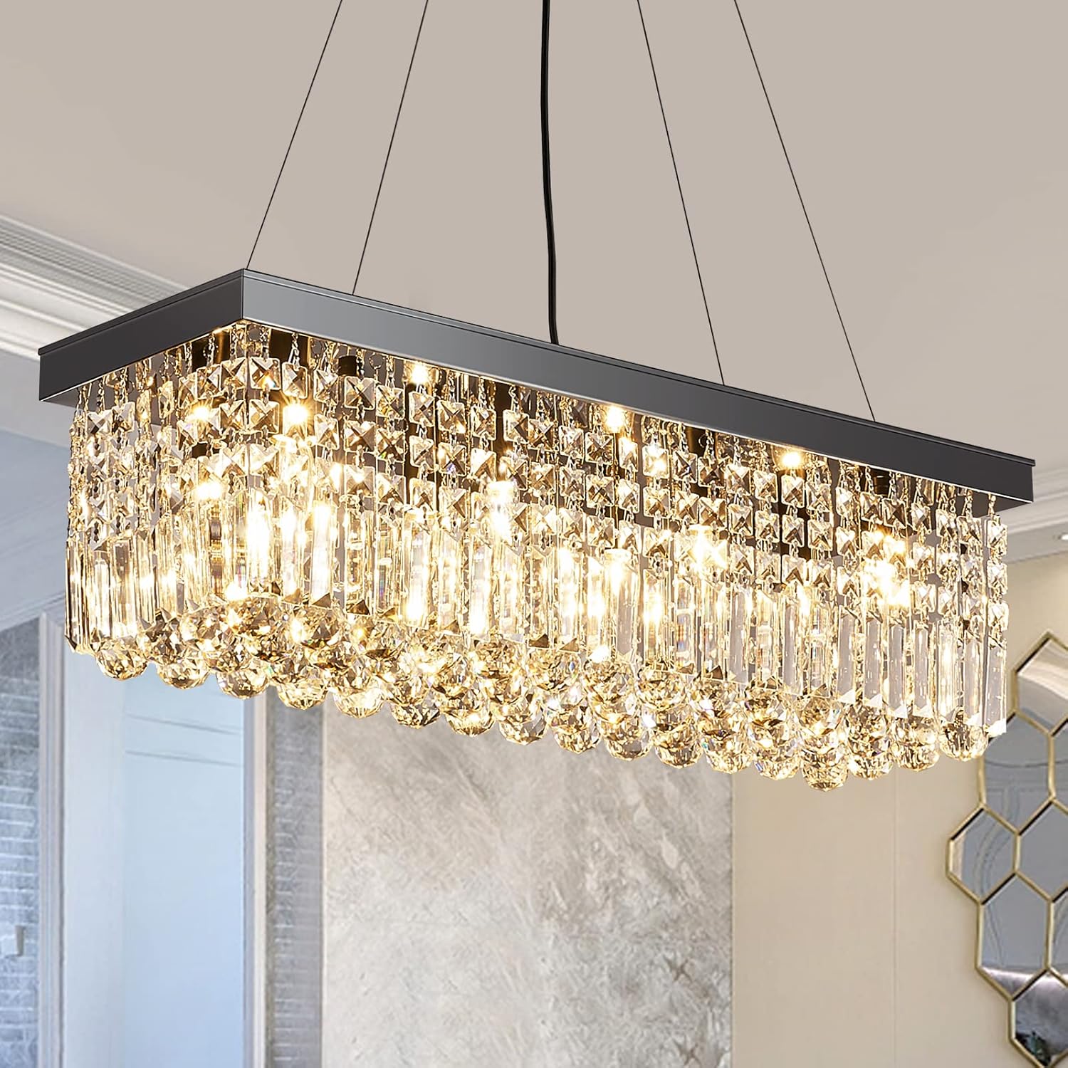 T&A 8-Light Rectangular K9 Crystal Chandelier, Modern Black Metal Finish Crystal Pendant Light Fixture with Narrow Rectangle and Raindrop Clear Crystal for Dining Room Kitchen Island Living Room