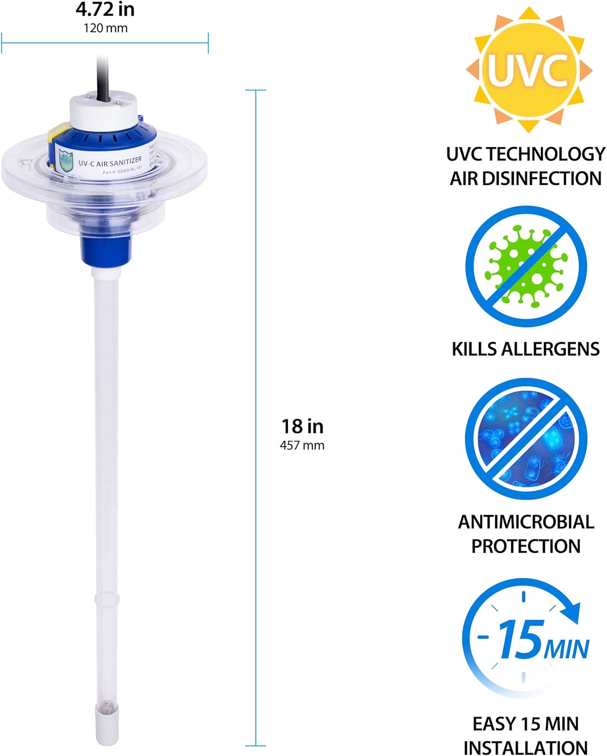 Bio Shield Antimicrobial Protection 50-BUVAS-E UV-C Air Sanitizer System, Cleans Air of Bacteria, Germs, Mold and Allergens, Complete Unit