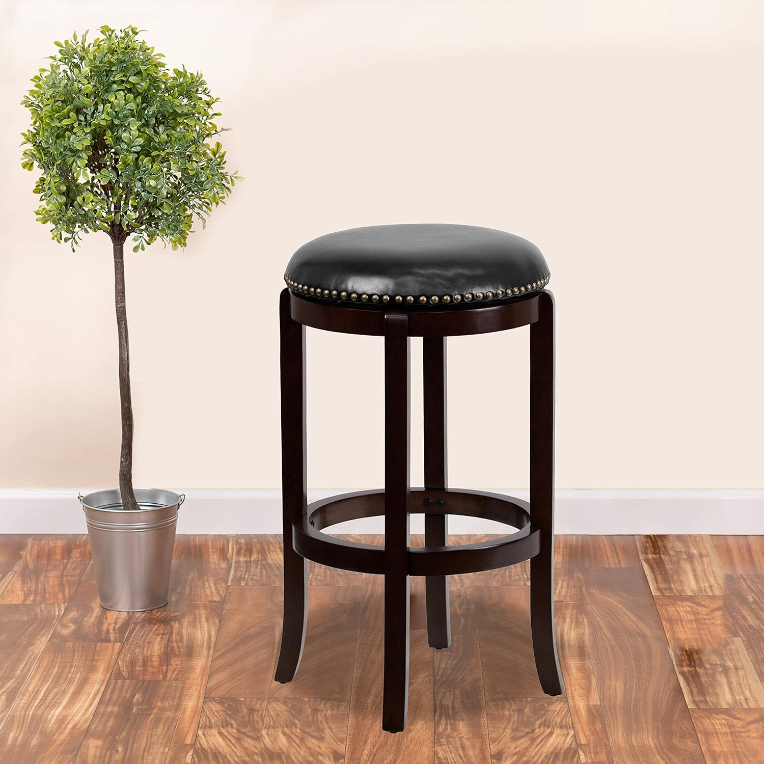 Flash Furniture 29'' High Backless Cappuccino Wood Barstool with Black LeatherSoft Swivel Seat