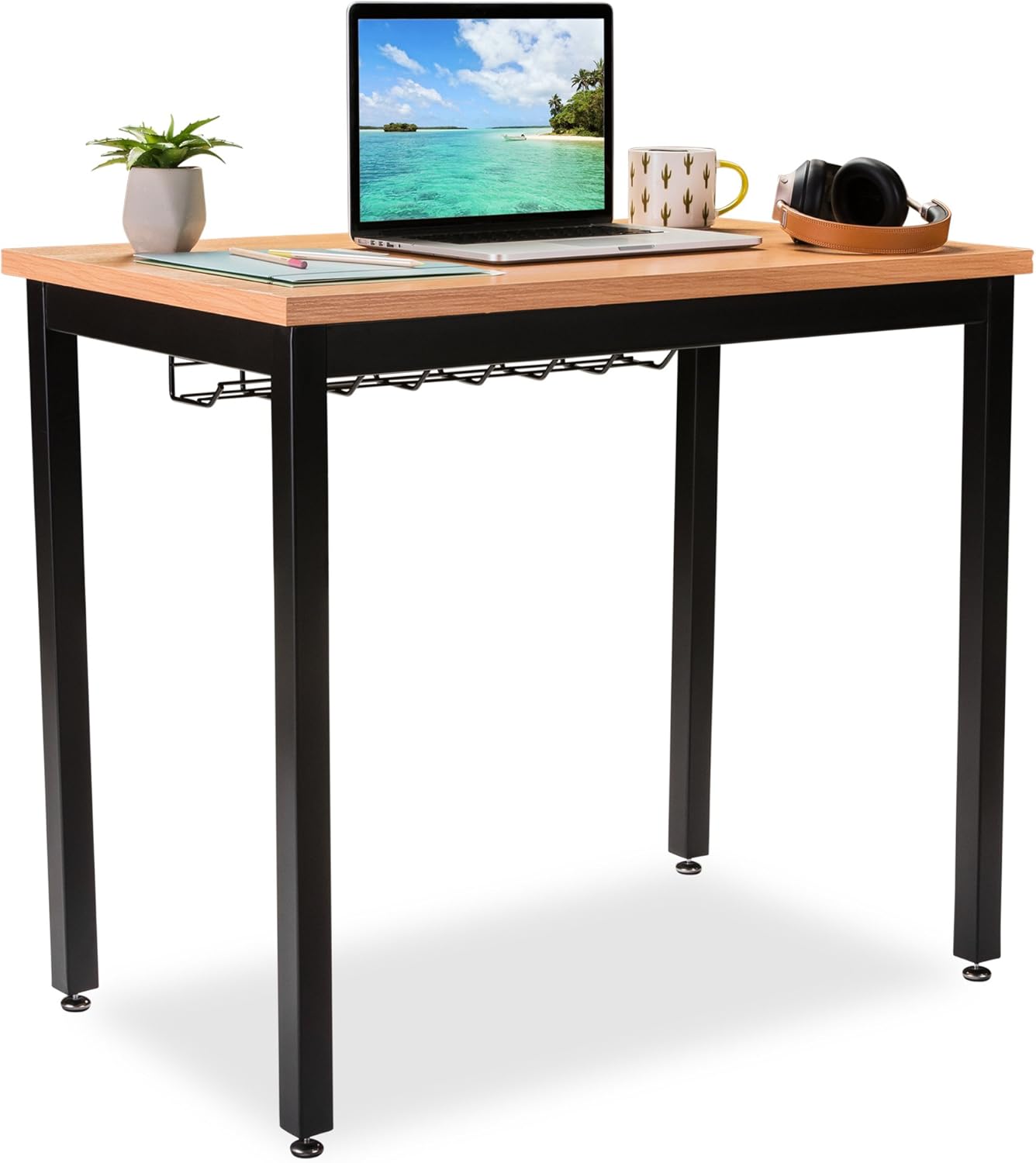 Small Computer Desk for Home Office, 36” Length Table w/Cable Organizer, Sturdy and Heavy Duty Writing Desk for Small Spaces and Students Laptop Use, Damage-Free Promise, Teak