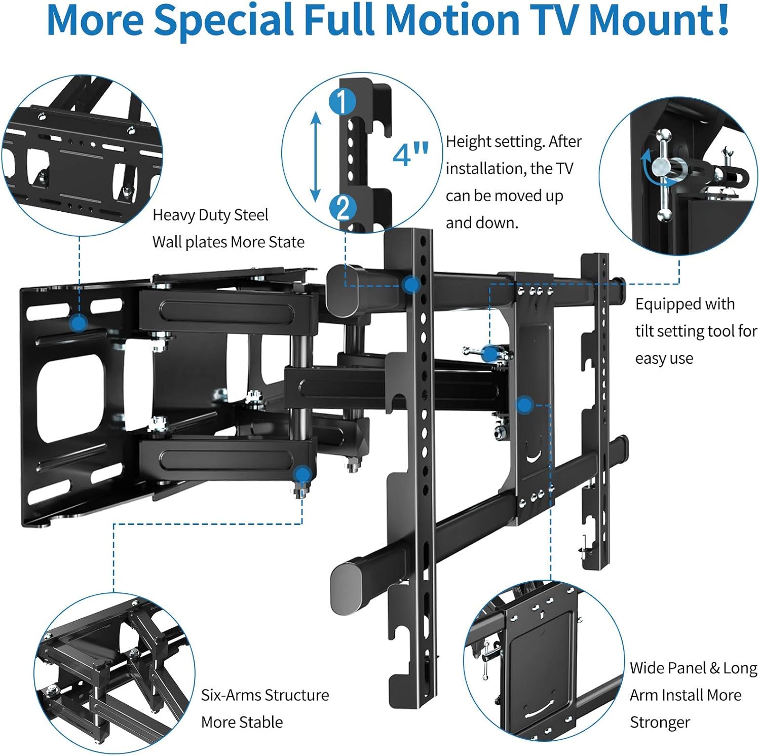 TV Wall Mount with Height Setting-BLUE STONE TV Mount for Most 32-80 Inch Flat Curved TVs,TV Bracket Dual Swivel Articulating Tilt 6 Arms Holds up to 110 lbs, Max VESA 24
