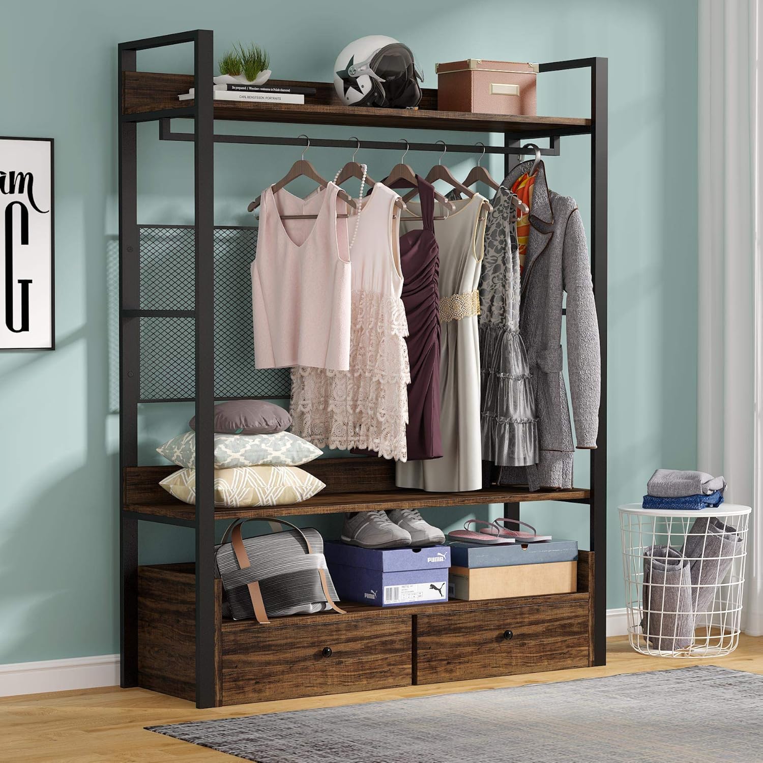 Tribesigns Freestanding Closet Organizer with 2 Drawers and Storage Shelves, Large Garment Rack with Hang Rods (Black)