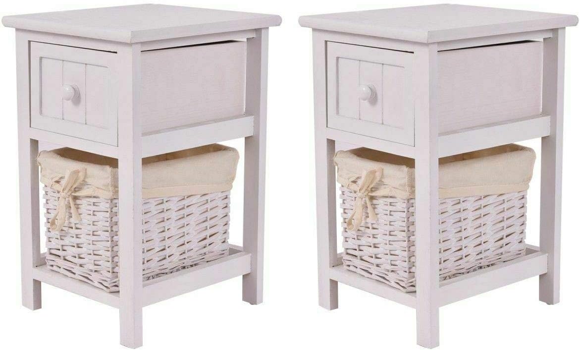 Wooden Nightstand, Safeplus End Table with Wooden Drawer and Wicker Drawer, Bedside Sofa Storage Organizer for Home Living Room Bedroom (White, 2 Pack)