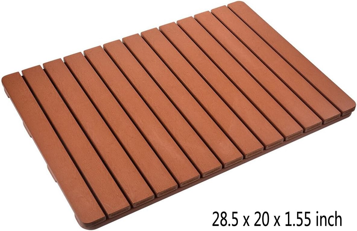 Premium Large Bath Tub Shower Floor Mat Made of PS Wood- Suitable for Textured and Smooth Surface- Non Slip Bathroom Mat with Drain Hole- 20 x 28.5 inch (Teak Color)
