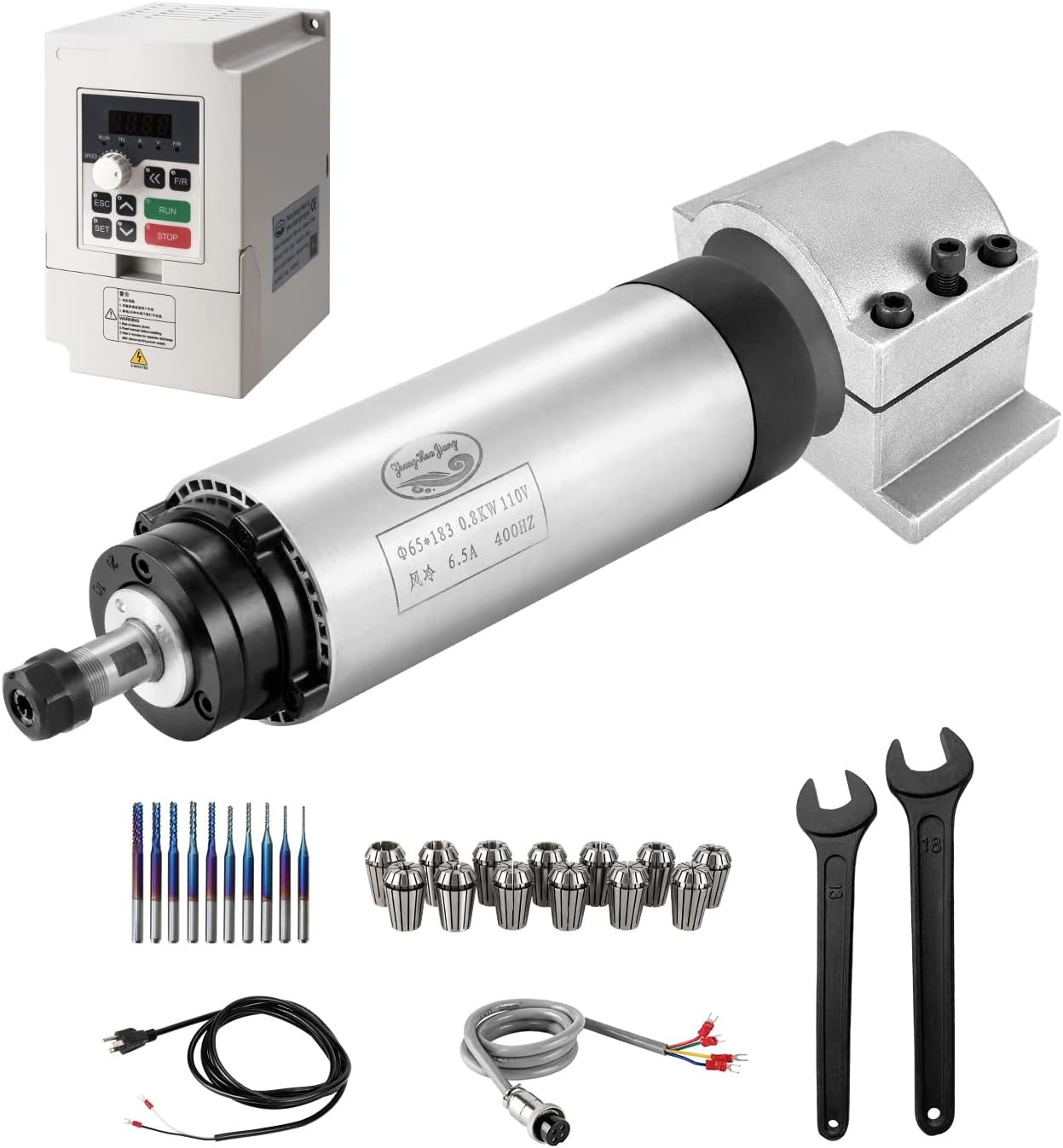 Zhong Hua Jiang CNC Spindle Motor Kits, 220V 3KW 100mm Air Cooled Spindle Motor+220V 3.7KW VFD+&Phi;100mm Clamp Mount + ER20 Collet kit+ Drill bits+ wire+ wrenches for CNC Router machine