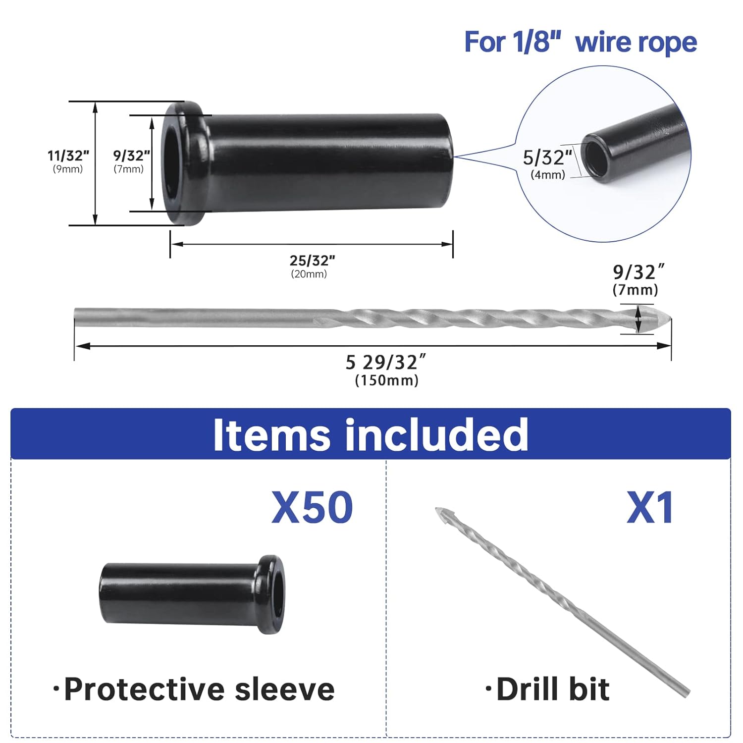 Muzata 50Pack Black Stainless Steel Protective Sleeves Cable Railing Kit Hardware for 1/8