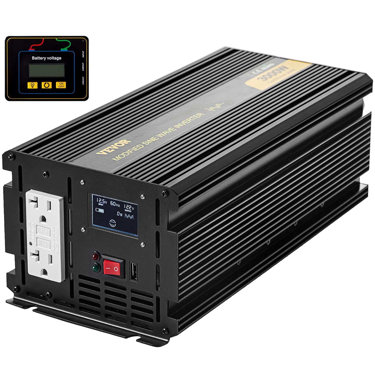 VEVOR Power Inverter, 3000W Modified Sine Wave Inverter, DC 12V to AC 120V Car Converter, with LCD Display, Remote Controller, LED Indicator, GFCI Outlets Inverter for Truck RV Car Boat Travel Camping