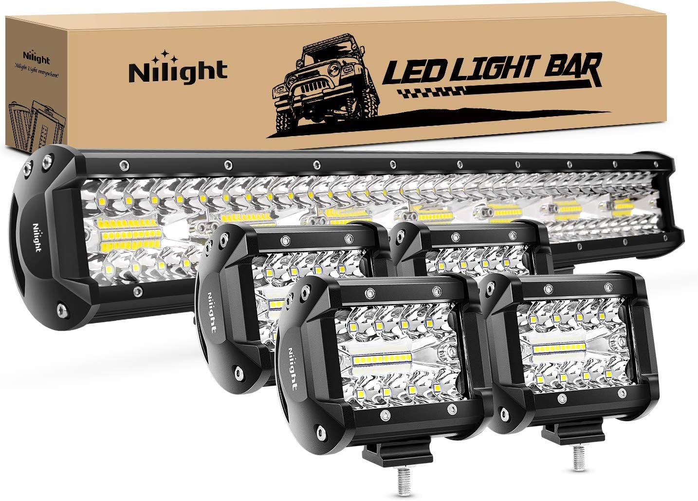 Nilight 20 Inch 420W Triple Row Flood Spot Combo Led Light Bar 4PCS 4Inch 60W LED Pods Driving Boat Lights Led Off Road Trucks Lights, 2 Years Warranty (ZH415) Pack of 2