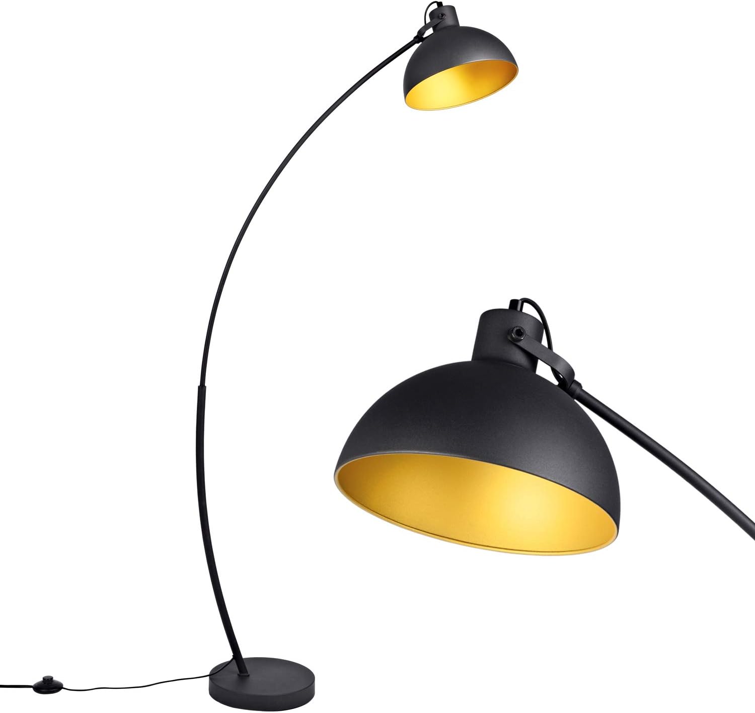 Archiology Arc Floor Lamp Black, Modern Adjustable Floor Reading Lamp with Metal Black Shade & Gold Interior for Living, Family