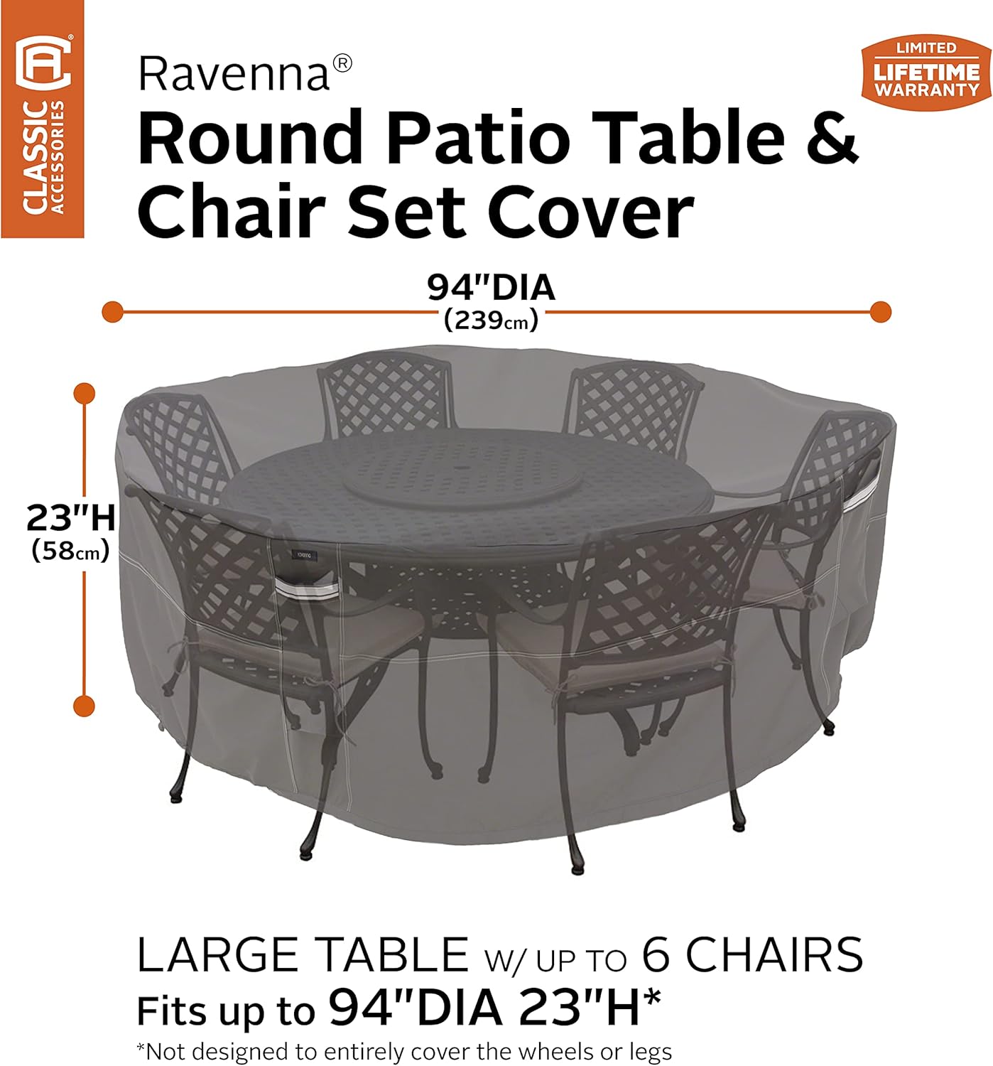 Classic Accessories Ravenna Waterproof Round Patio Table & Chair Set Cover, Outdoor Dining General Purpose Furniture Covers with Cord Lock & Padded Handles, 94 inch, Outdoor Table Cover