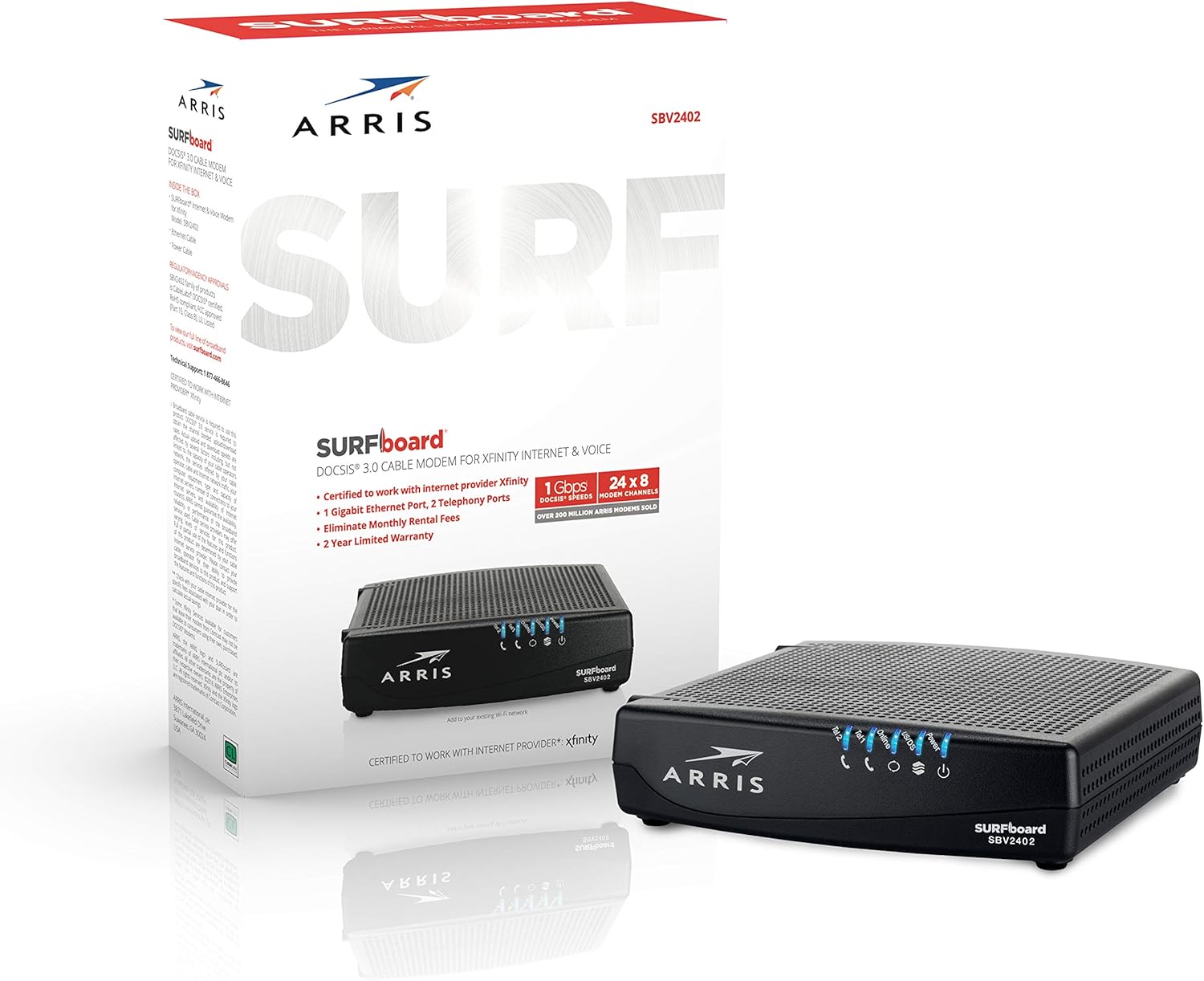 ARRIS Surfboard SBV2402 DOCSIS 3.0 Cable Modem | Certified for Xfinity Internet & Voice (Black) for Plans up to 800 Mbps