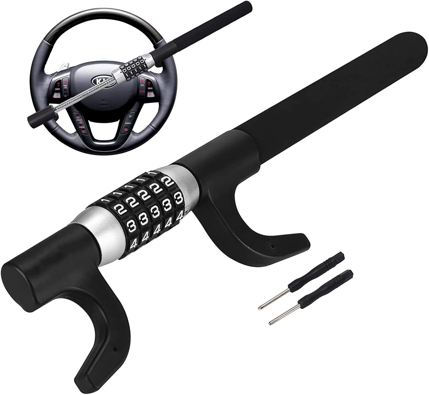 Steering Wheel Lock, 5 Digit Coded Combination Anti Theft Device, Heavy Duty Universal Extendable Device Retractable Keyless Password Twin Hooks Car Security Lock for Car Truck Van SUV Pickup