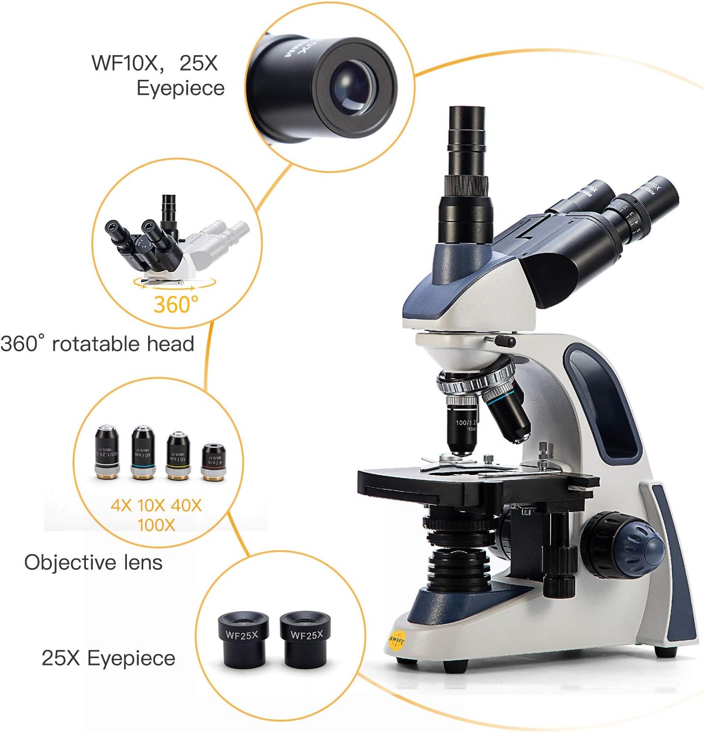 Swift Compound Trinocular Microscope SW380T,40X-2500X Magnification,Siedentopf Head,Two-Layer Mechanical Stage,with 5.0 mp Camera and Software Windows/Mac Compatible and 100 PCS Blank Slides